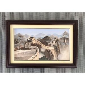 Rare Vintage FEATHER 3-D Wall Art Great Wall of China Framed Picture